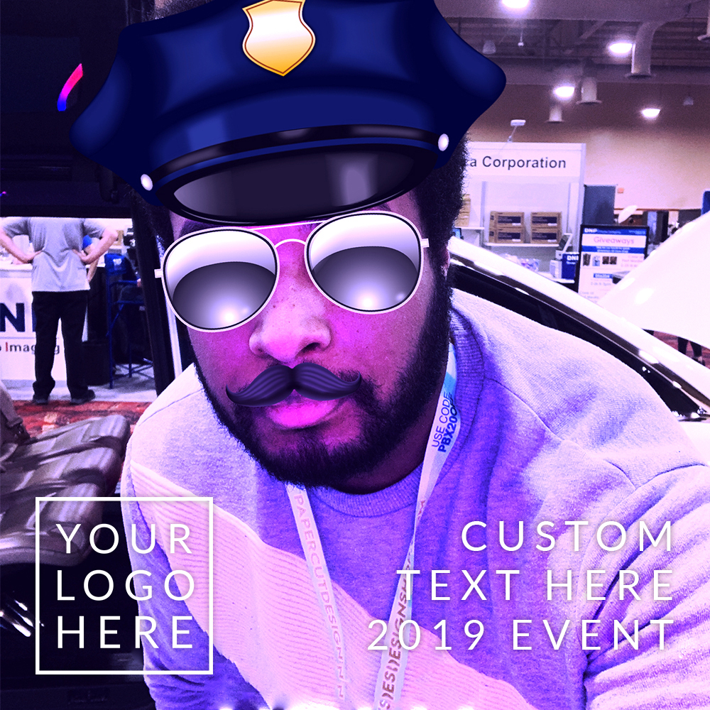 Man posing with a police officer filter in a photobooth. Custom social booth template with space for event branding and personalized text. Ideal for photobooth rentals at corporate or themed events.