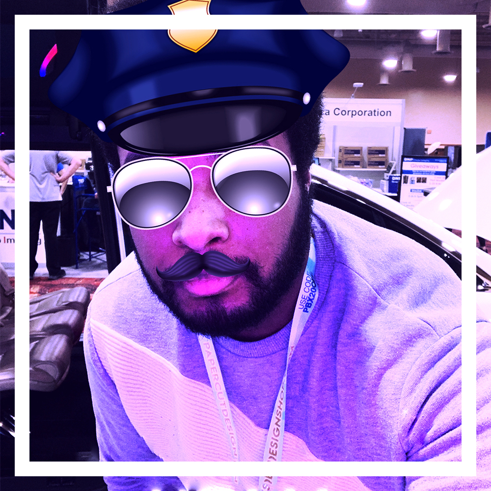 Man with a police officer filter posing in a photobooth. Custom social booth template with space for branding, showcasing photobooth rental options for events.
