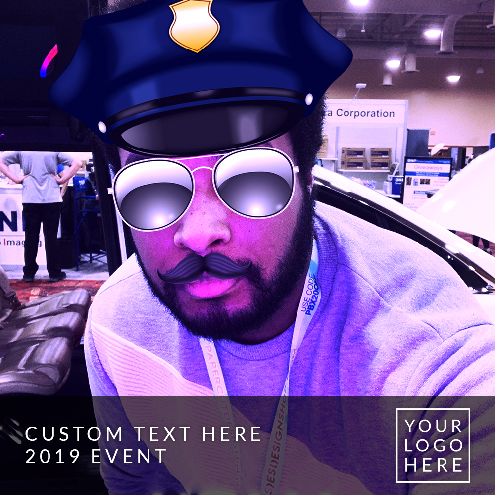 Man posing with a custom police officer filter in a photobooth, featuring personalized text and logo space for event branding. Example of a social booth template for photobooth rentals at corporate events.