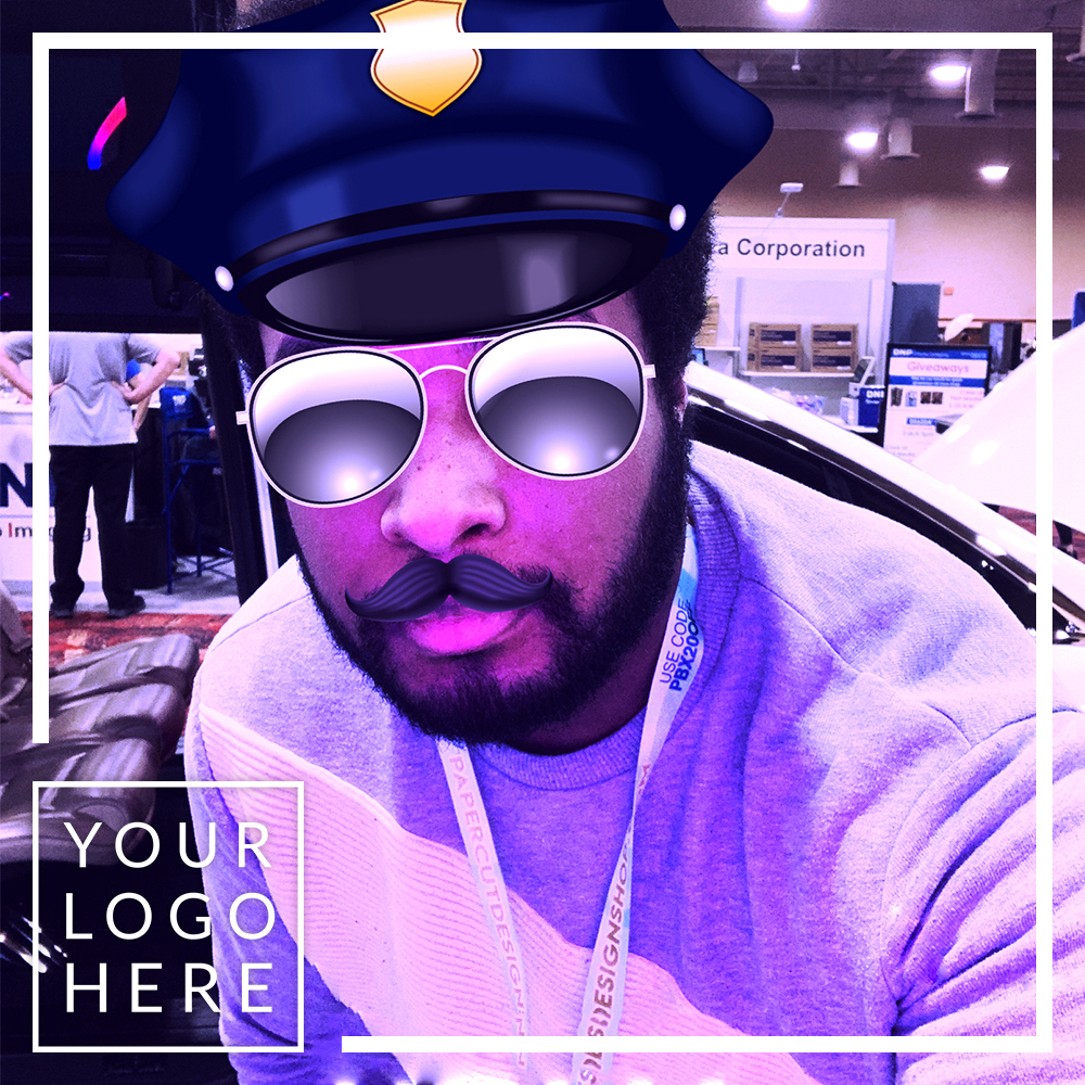 Man using a police officer filter in a photobooth with custom branding space for event logos. Example of a personalized social booth template for photobooth rentals, perfect for corporate events or parties.