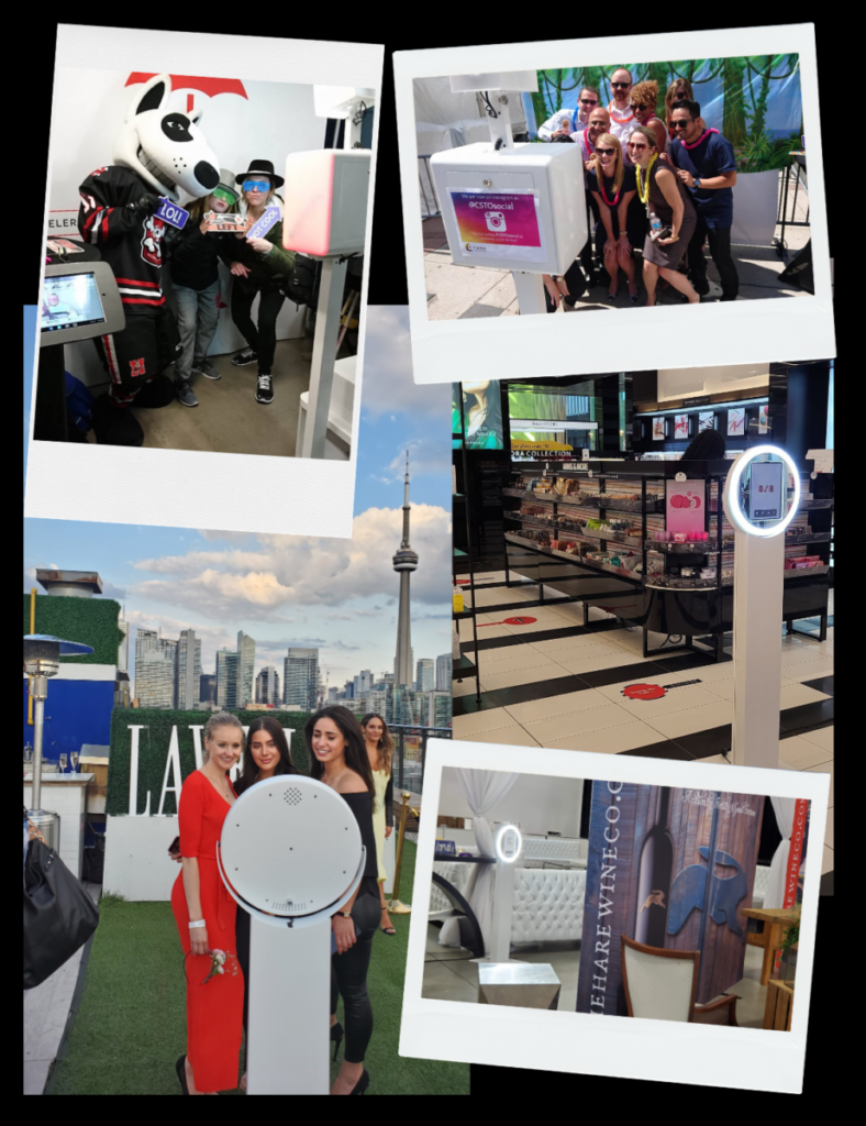 Photo collage on a black background of people attending and having their photos taken at corporate events where The Selfie Spot has supplied rented mobile photo booths across the GTA.