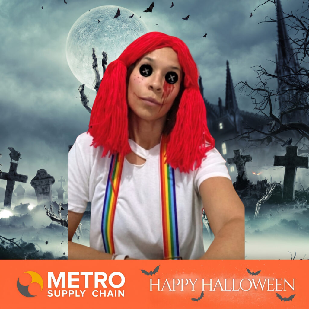 Guest in doll costume with a spooky graveyard greenscreen and custom branding for photobooth Halloween party ideas