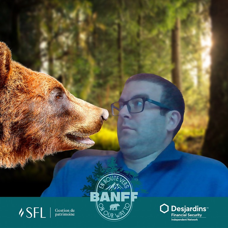 A guest interacting with a digital brown bear overlay in a forest setting, created using a custom green screen photo booth for an SFL and Desjardins corporate brand activation.