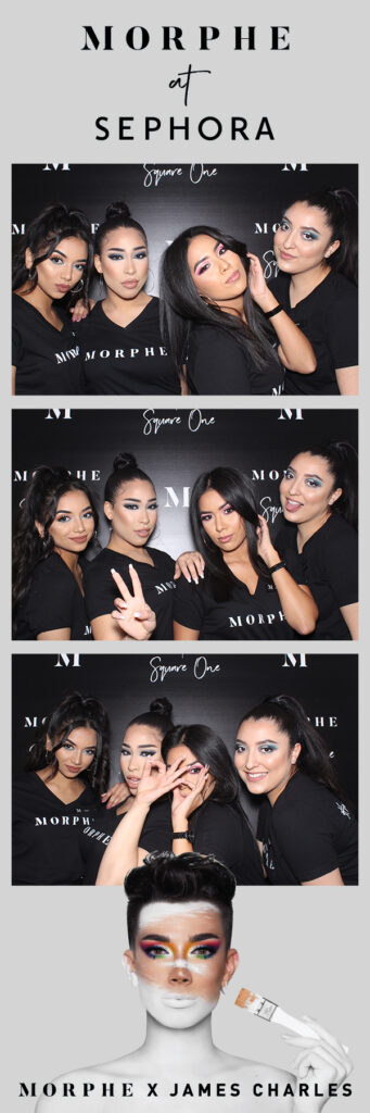 A custom branded photo booth print layout for a corporate brand activation, featuring a black and white MORPHE at SEPHORA header, three sequential photos of guests posing, and a stylized promotional graphic of James Charles at the bottom.