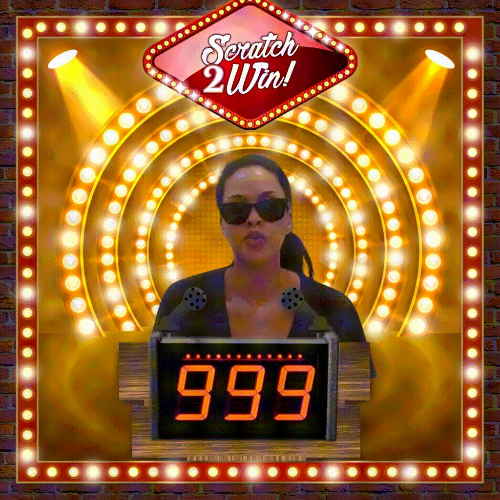A guest posing inside a custom game show digital photo booth template, featuring marquee lights, a Scratch to Win logo, and a digital scoreboard to demonstrate an interactive brand activation experience.