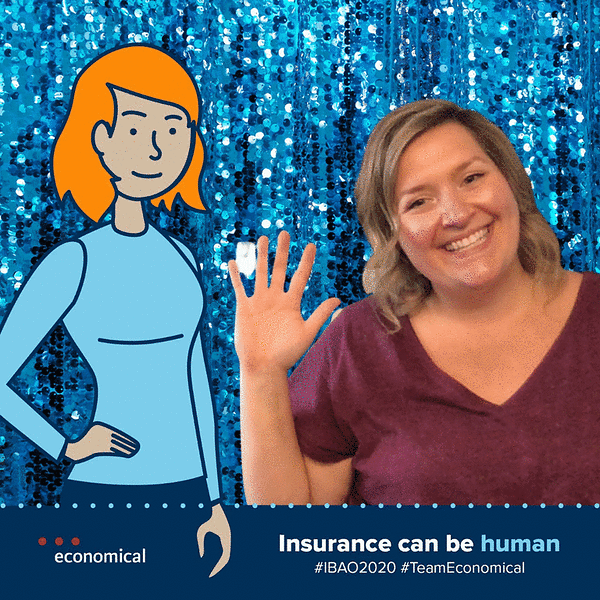 A smiling guest waving next to a custom digital cartoon character overlay against a blue sequin backdrop during an interactive photo booth experience for Economical Insurance.